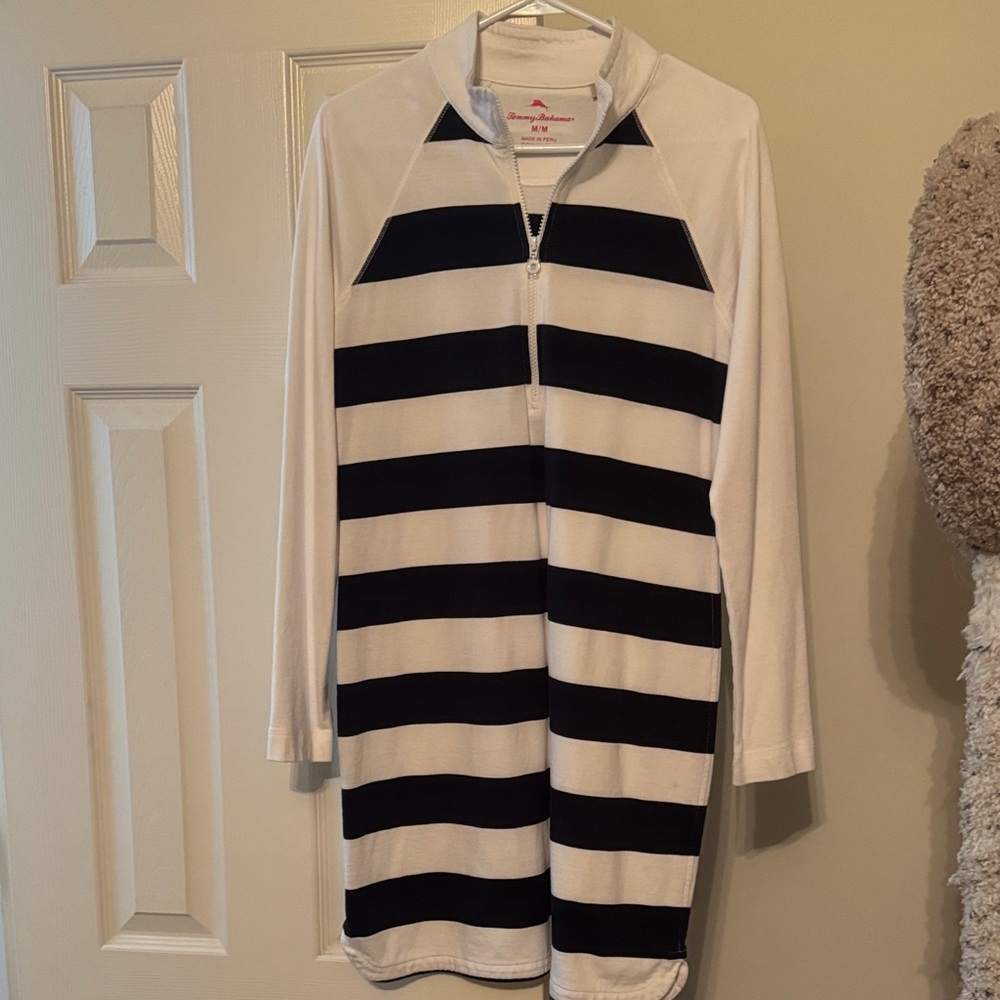 Tommy Bahama Navy Blue and White Striped Zip-Up